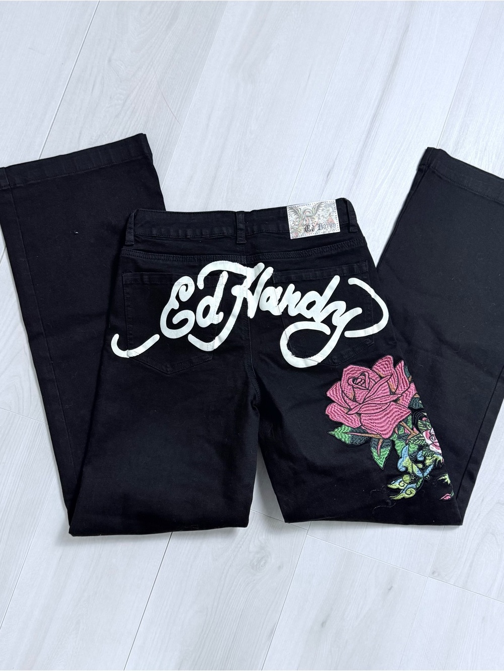 Y2K 2000s Ed Hardy Black straight baggy Jeans with Pink Rose Embroidery